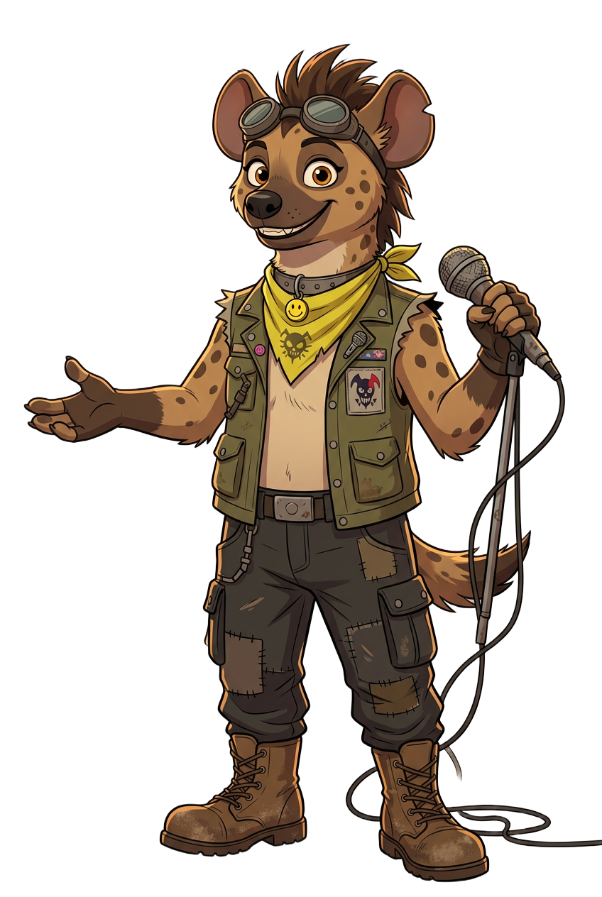 Full-body Don Henrietta, a smiling cartoon hyena survivor in goggles, a patched vest and boots, holding a microphone and gesturing toward the comedy feature lineup